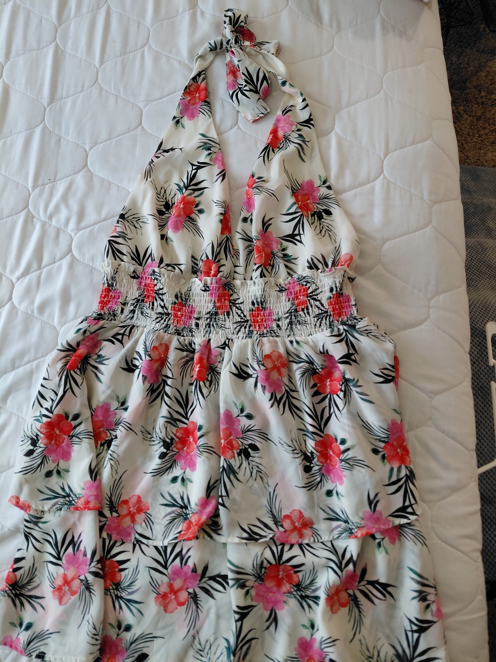 Floral Halter Mini Dress in White with Pink Flowers